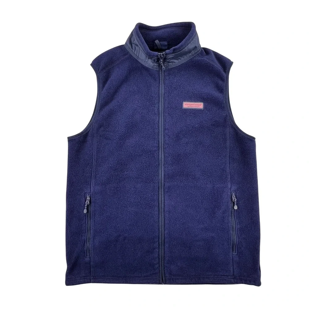 Vineyard Vines Fleece Vest Men's Medium Blue Full Zip Pockets Whale Hiking‎